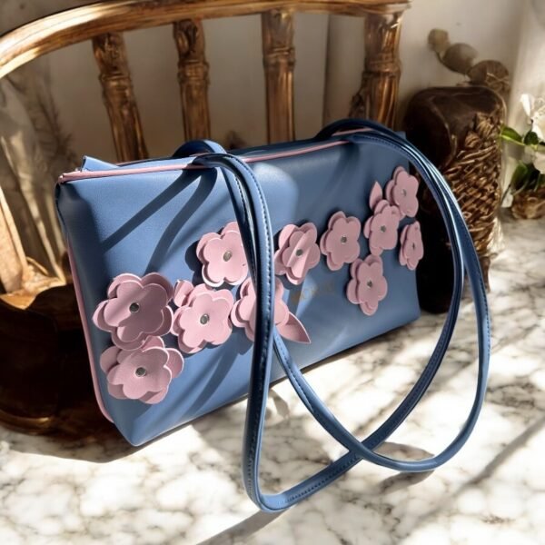 Pink Floral Blue Tote Bag